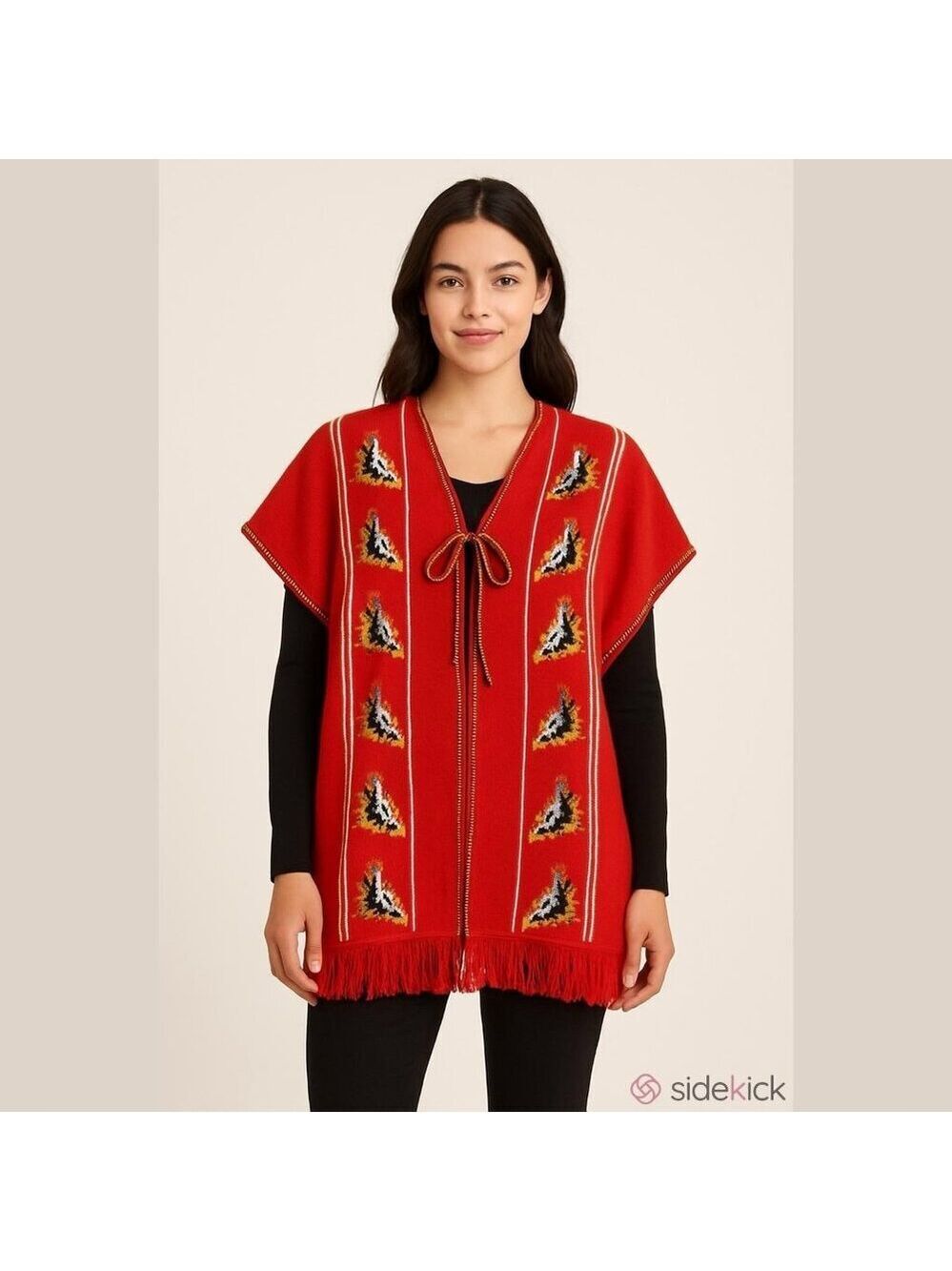 Comanche Imports Serape Poncho Vest Red Fringe Mexico